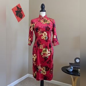 🆕 Quarter Long Sleeve Red Velvet Cheongsam Qipao Dress